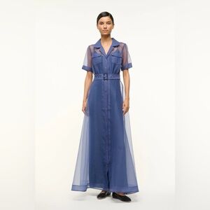 Staud Navy Sheer Two Piece Belted Millie Organza Maxi Shirtdress. Size 00